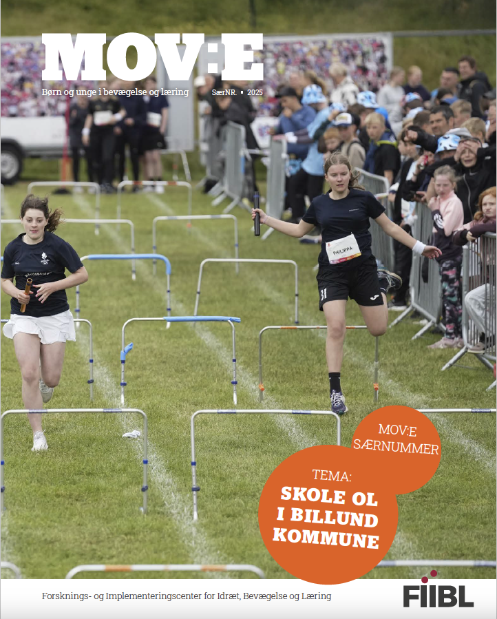 Forside med "MOVE" over et sportsfoto af børn og unge på en græsbane med forhindringer og publikum, samt teksten "TEMA: SKOLE OL I BILLUND KOMMUNE".