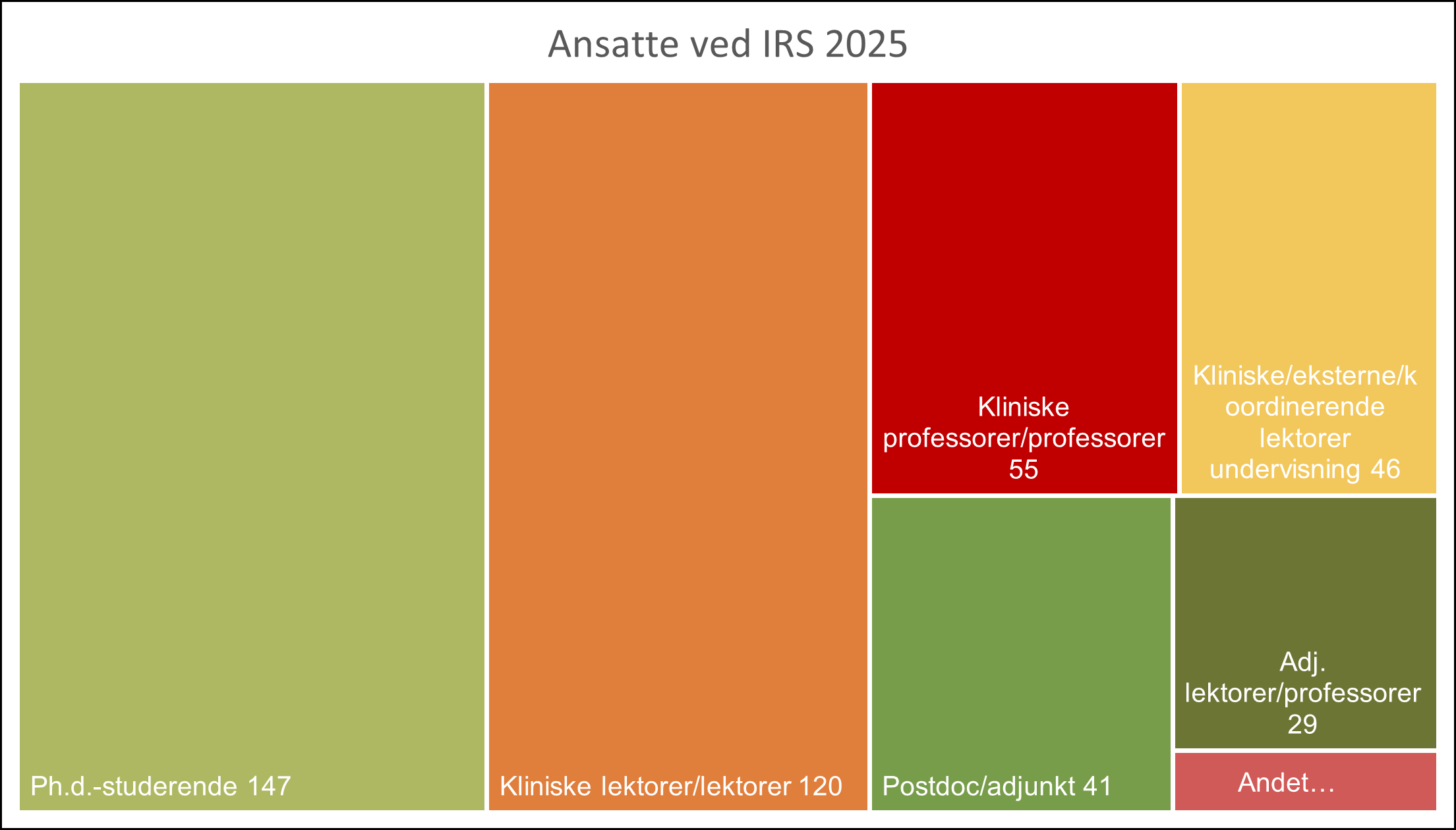 Visualization of staff composition at the Department of Regional Health Research (IRS) in 2025. The treemap shows categories including: PhD students (147), clinical lecturers/associate professors (120), clinical professors/professors (55), clinical/external/coordinating teaching lecturers (46), postdocs/assistant professors (41), adjunct lecturers/professors (29), and a small "Other" category.