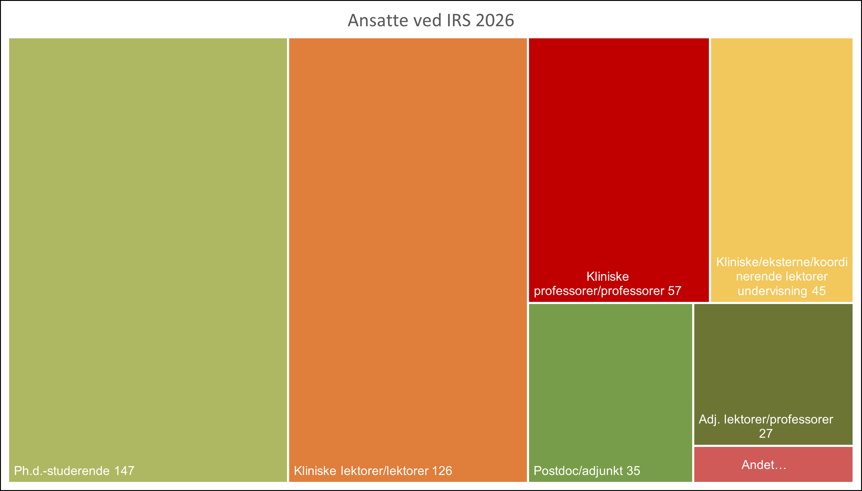 Treemap chart showing employee distribution at IRS in 2026, including PhD students, clinical lecturers, lecturers, clinical professors, assistant professors, postdocs, and external teaching staff.