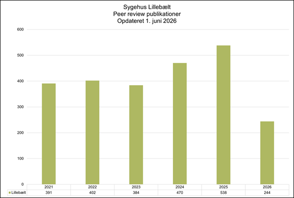 Søjlediagram over antallet af peer review-publikationer fra Sygehus Lillebælt i perioden 2021–2026, opdateret 1. juni 2026. Antallet af publikationer steg fra 391 i 2021 til 402 i 2022, faldt let til 384 i 2023 og steg derefter markant til 470 i 2024. I 2025 nåede forskningsproduktionen sit højeste niveau med 538 publikationer. For 2026 er der foreløbigt registreret 244 publikationer. Diagrammet viser en stærk vækst i forskningsaktiviteten frem til 2025.