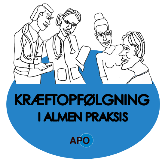 Kræftopfølgning i almen praksis logo. En tegning af 2 mænd og 2 kvinder. 2 af dem, mand og kvinde, har stetoskop om halsen. De taler alle 4 sammen.