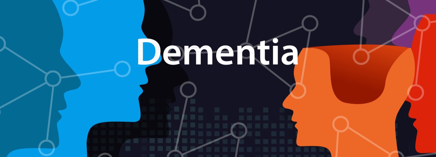 Vektorillustration med menneskeprofiler, netværksgrafik og teksten "Dementia" samt en orange profil med hjerneformet udskæring.