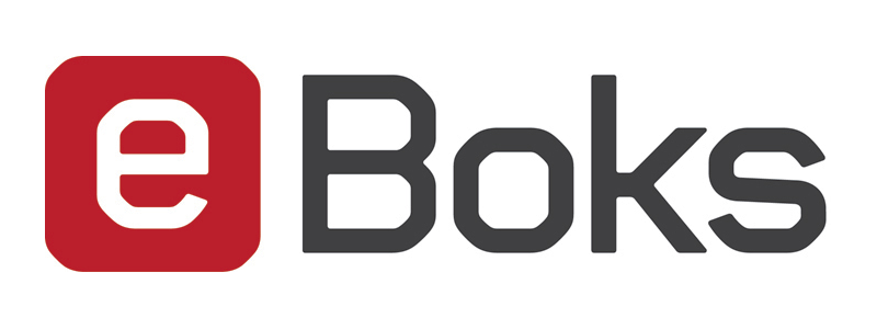 e-Boks logo med "e" i et rødt ikon og "Boks" i mørkegrå tekst.