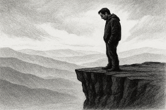 AI genereret illustration af mand ved en afgrund