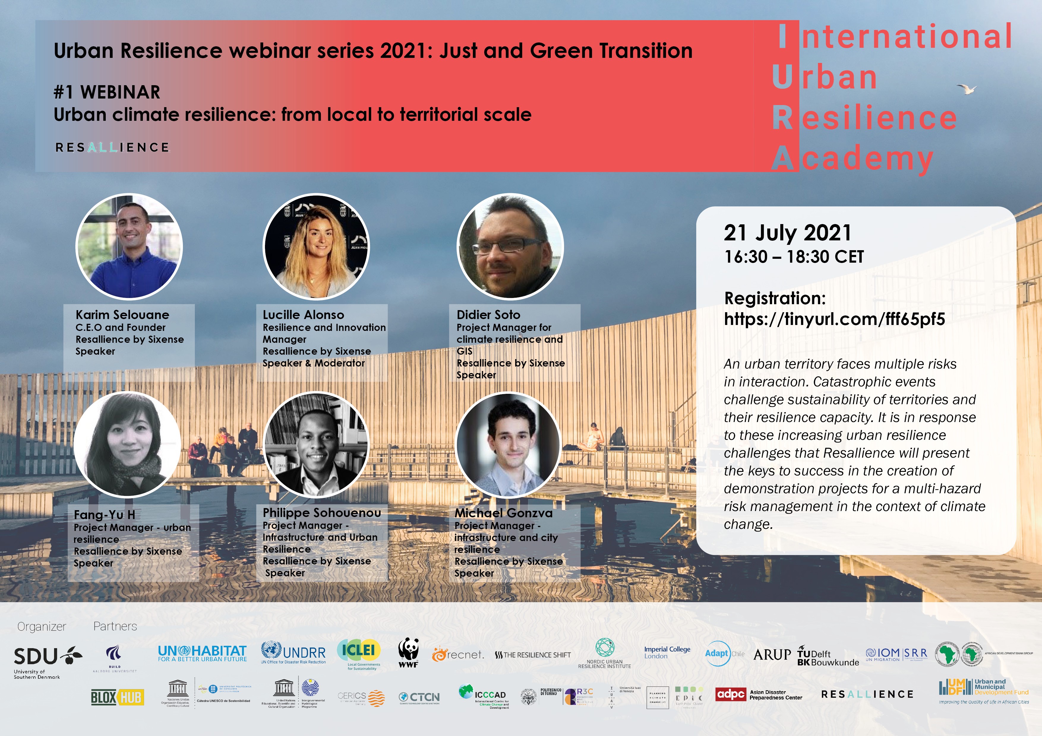 Webinar poster for “Urban Resilience webinar series 2021: Just and Green Transition” advertising “#1 WEBINAR Urban climate resilience: from local to territorial scale,” with speaker photos, organizer logos, and the date “21 July 2021” with registration link “https://tinyurl.com/fff65pf5.”