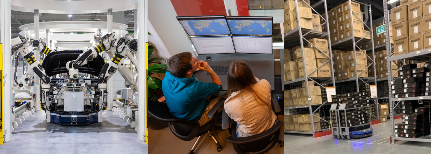 Three-panel image of factory automation, supply chain monitoring on computer screens, and a warehouse with stacked "ROYER" boxes and an autonomous cart.