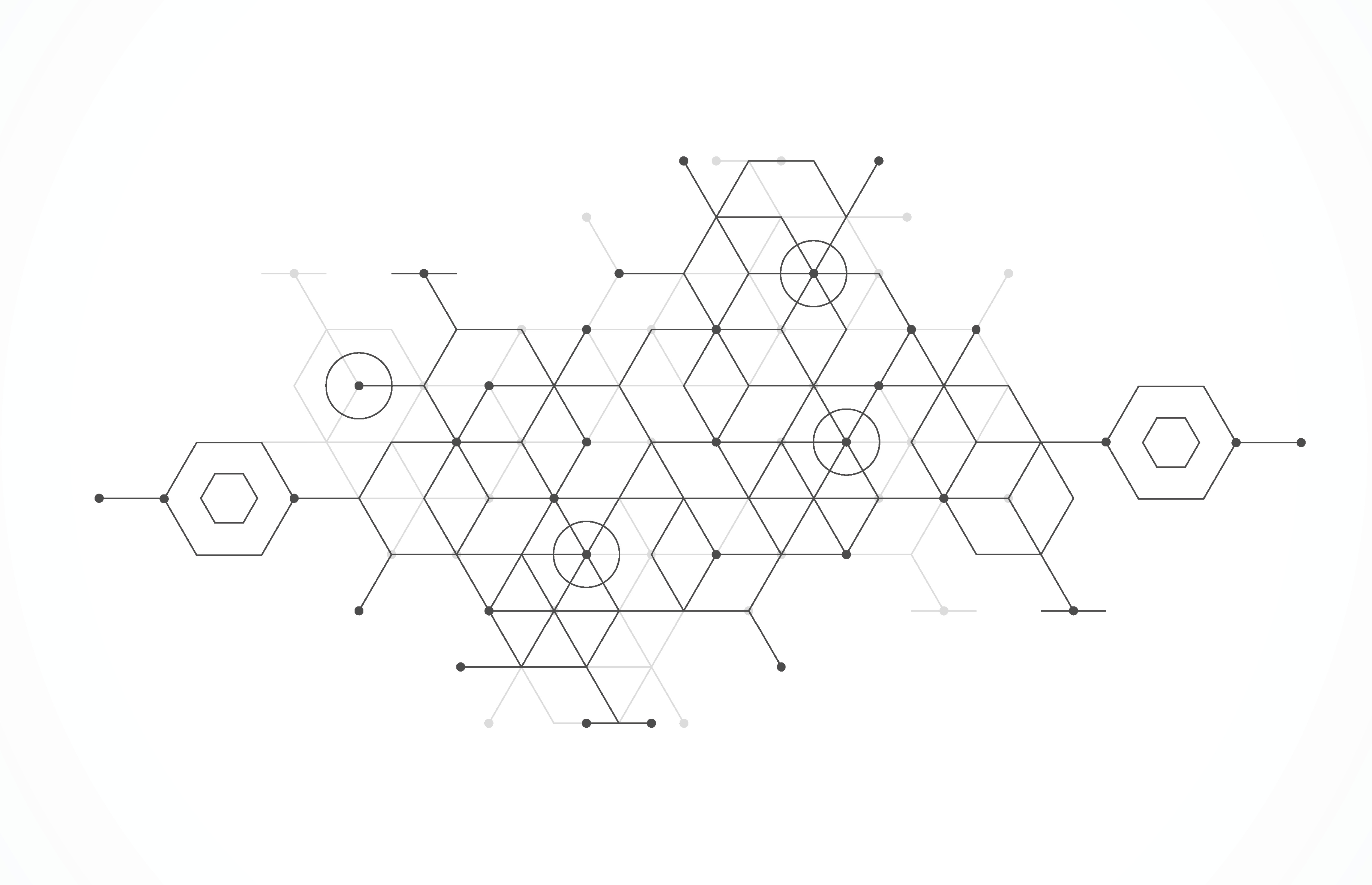 Abstrakt geometrisk netværk med forbundne sekskanter, trekanter, cirkler og linjer på lys grå baggrund.