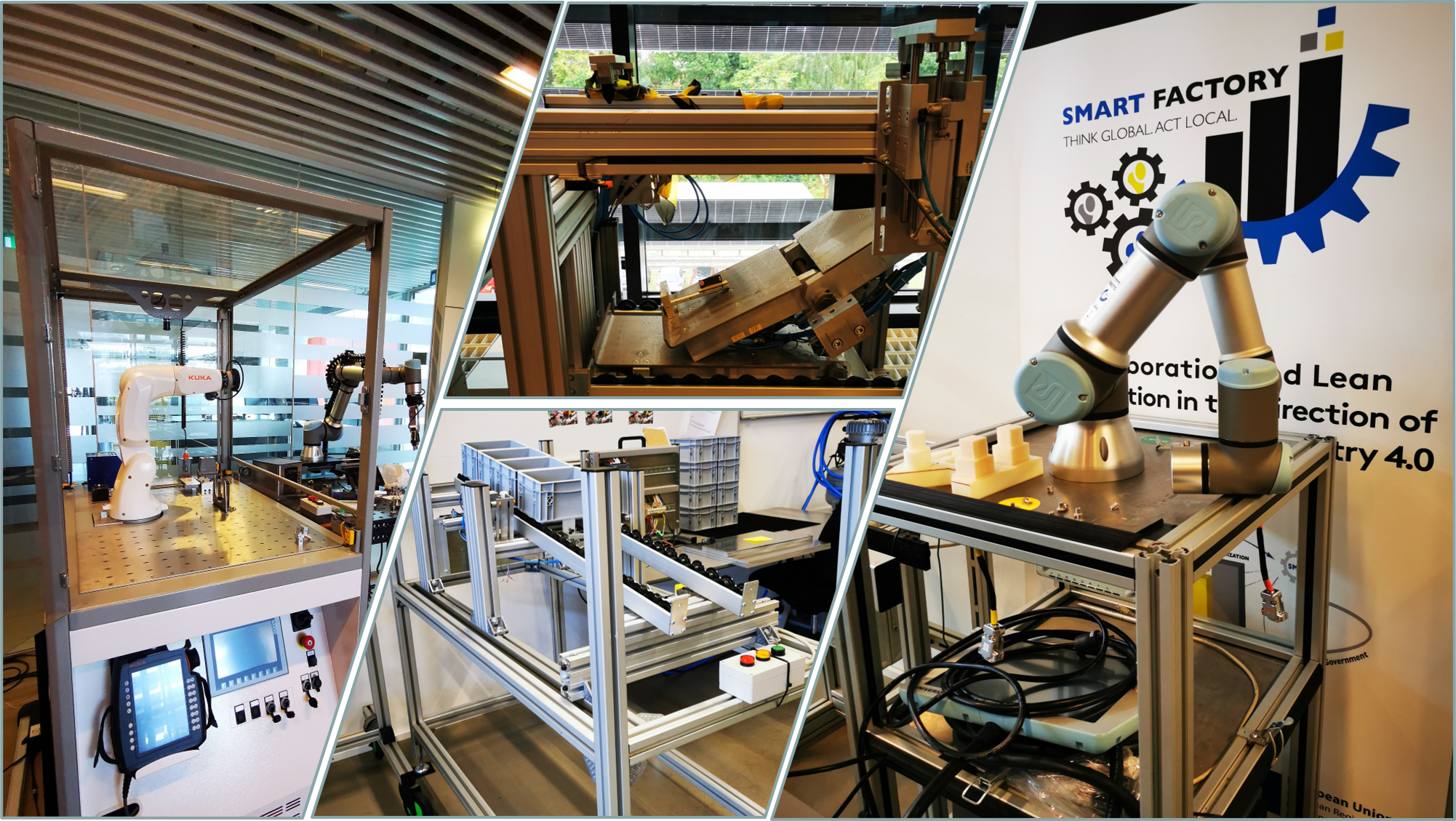 Collage of an innovation lab with robotic arms, automation machinery, and a SMART FACTORY display reading "THINK GLOBAL ACT LOCAL."
