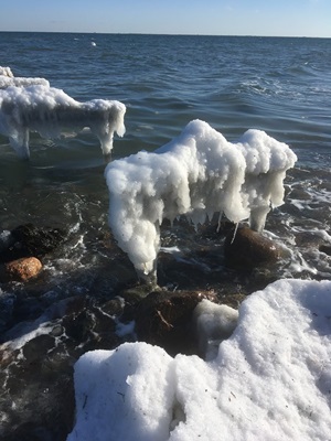 Sne og frosne piller ved vandet