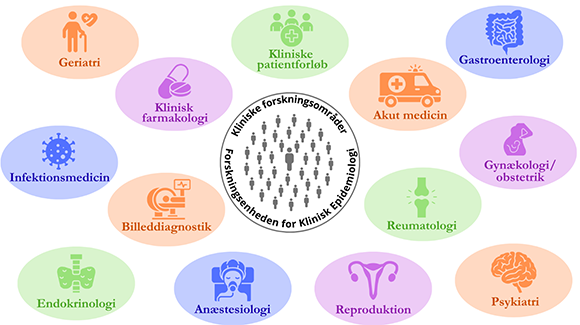 Illustration af Forskningsenheden for Klinisk Epidemiologi med kliniske forskningsområder vist som farvede ikoner omkring et centralt logo. Områderne omfatter geriatri, kliniske patientforløb, gastroenterologi, akut medicin, gynækologi og obstetrik, reumatologi, psykiatri, reproduktion, anæstesiologi, endokrinologi, billeddiagnostik, infektionsmedicin og klinisk farmakologi.
