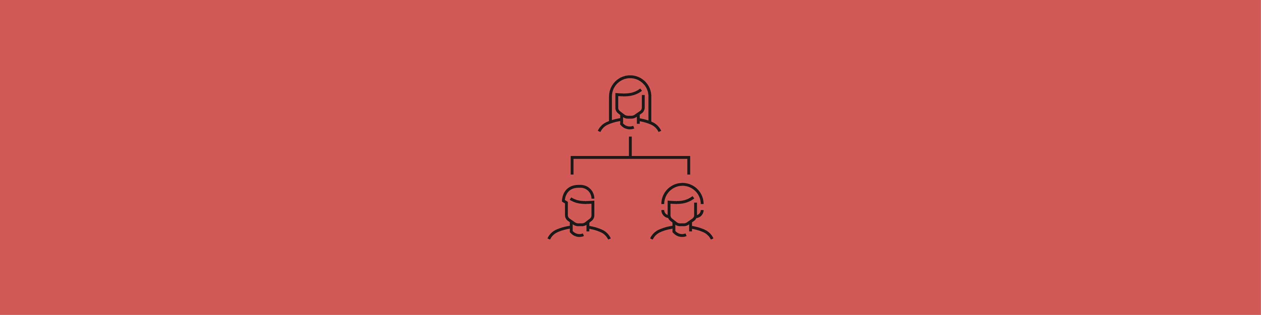 Sort ikon af et organisationshierarki med én person øverst og to personer nederst på rød baggrund.