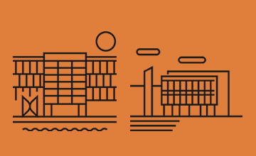 Ikonisk billede af Alsion bygningen samt Odense bygningen på orange baggrund