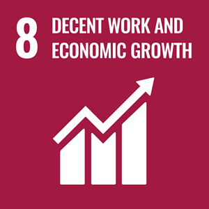 SDG #8 icon: Decent work and economic growth. White on burgundy background.