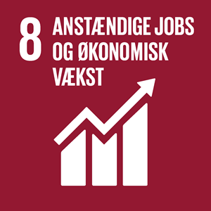 Verdensmål #8 ikon: Anstændige jobs og økonomisk vækst. Hvid på mørkerød baggrund.