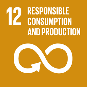 SDG 12 icon: Responsible consumption and production. White on ochre background.