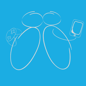 Stregtegning som forestiller to mennesker. Den ene holder en tablet og den anden en kontroller. Baggrunden er blå.