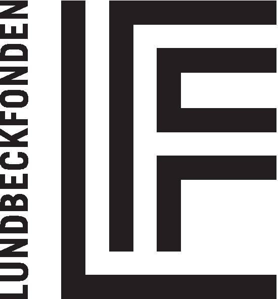 LUNDBECKFONDEN logo med sort stiliseret monogram og lodret tekst.