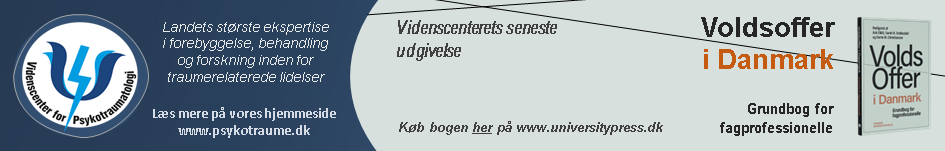Banner for bogen Voldsoffer i Danmark udgivet af forskere fra Videnscenter for Psykotramatologi.