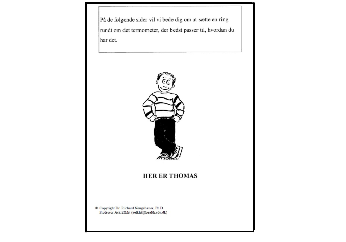 Black-and-white page with a cartoon boy, a boxed Danish instruction paragraph at the top, and the text “HER ER THOMAS” below the figure.
