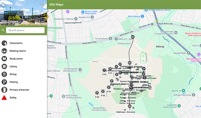 Screenshot fra SDU Maps, der viser kort over SDU