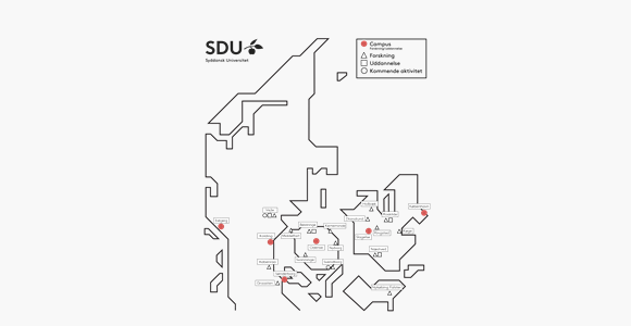 Gråt Danmarkskort med SDU-logo, teksten "Syddansk Universitet" og en signaturforklaring for "Campus", "Forskning", "Uddannelse" og "Kommende aktivitet".