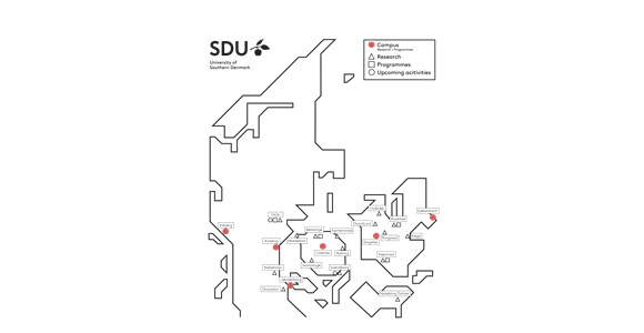 Dark map graphic with "SDU" text, red markers, and multiple small white location labels.