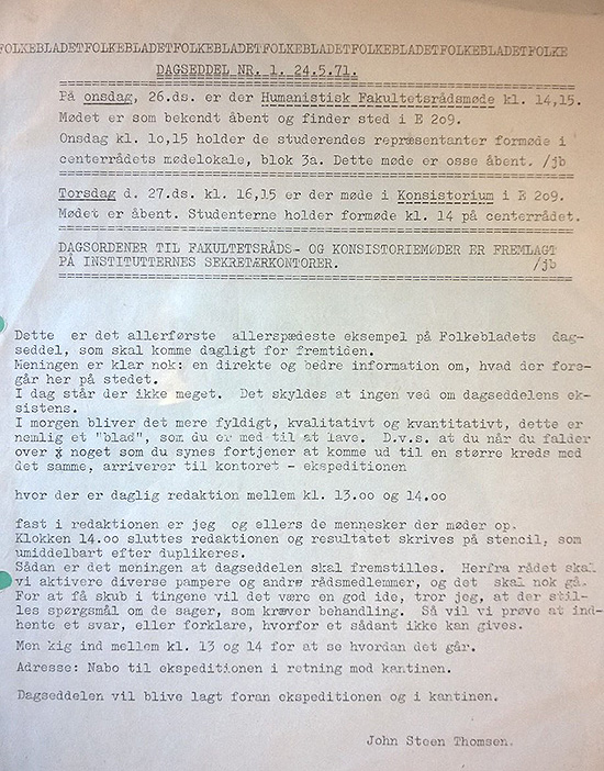 Første dagseddel i universitets historie