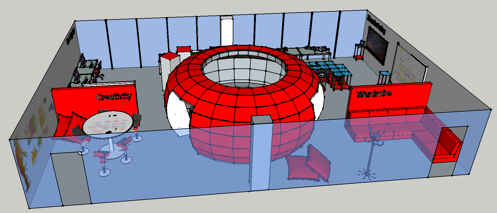 3D-visualisering af et rum med en stor rund rød struktur i midten samt områder markeret med "Creativity" og "Wardrobe".
