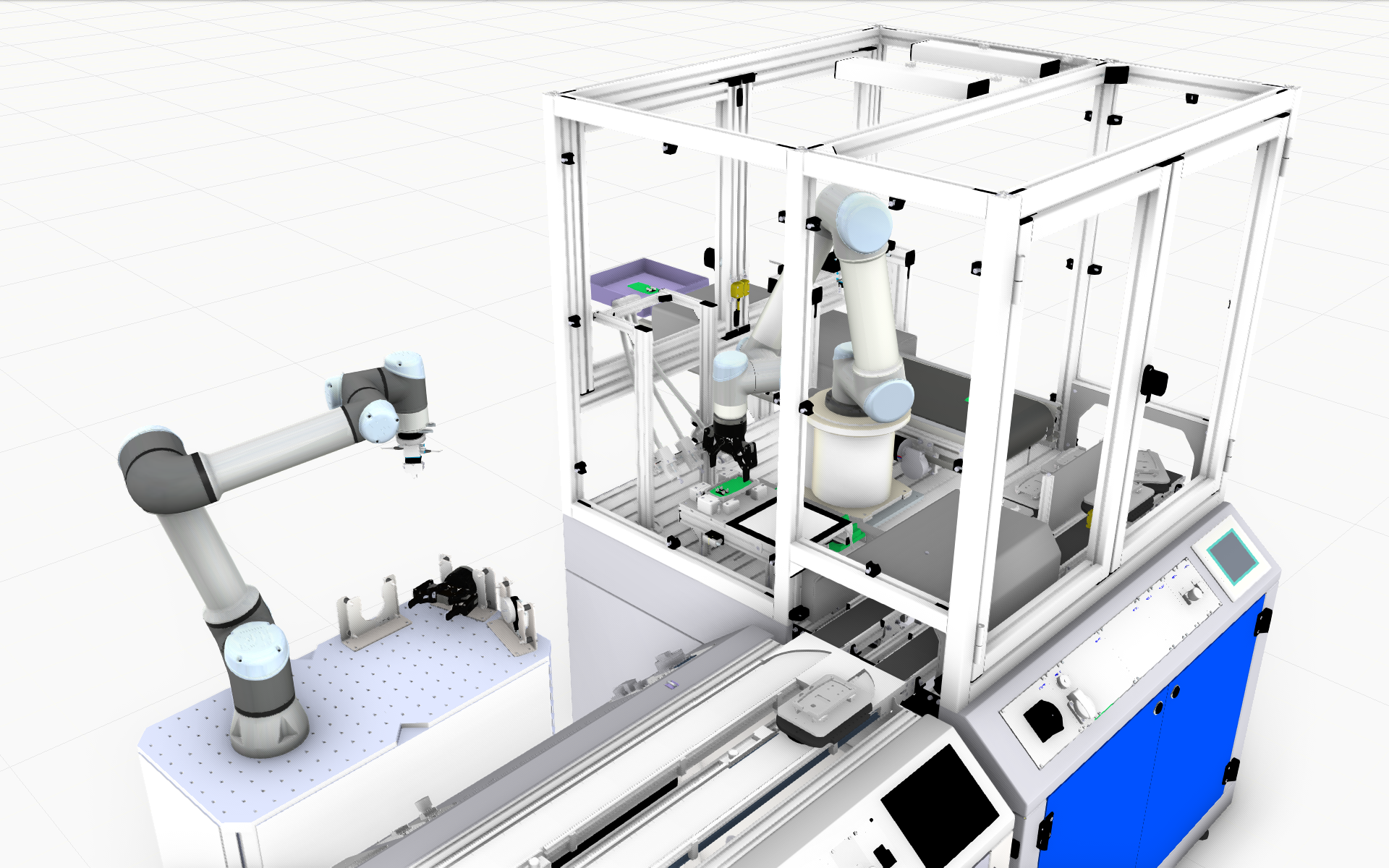 3D-rendered digital twin of an industrial robotic workcell with collaborative robot arms, conveyor sections, fixtures, and a safety enclosure.