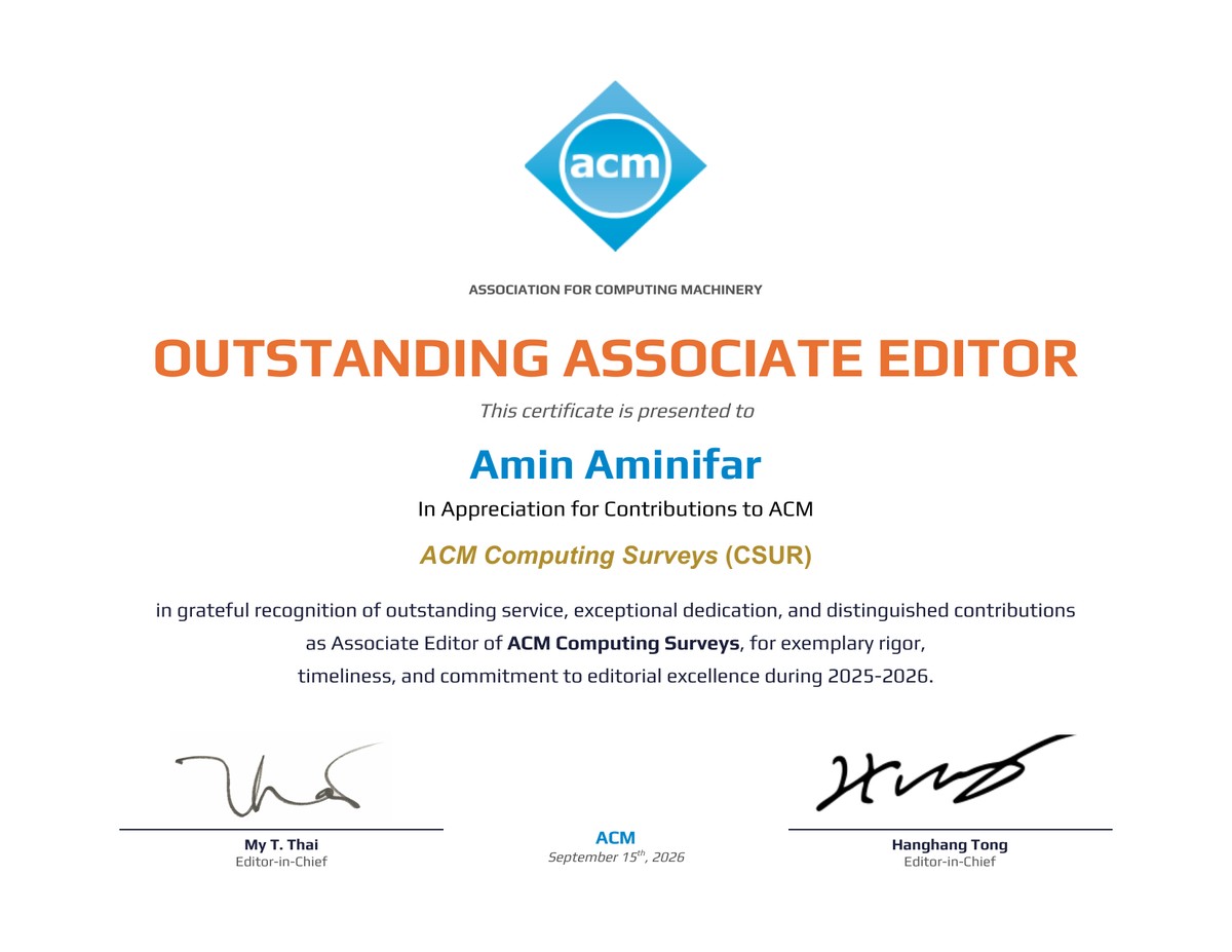 Certificate: ACM Computing Surveys (CSUR) Outstanding Associate Editor award presented to Amin Aminifar