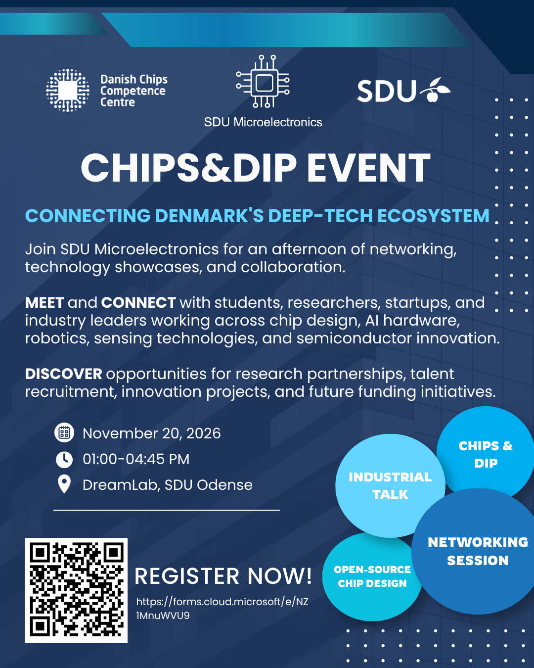 Flyer for Chips & Dip: 20. november 2026, 13.00–16.45, DreamLab, SDU Odense. Arrangeret af SDU Mikroelektronik i samarbejde med Danish Chips Competence Centre.