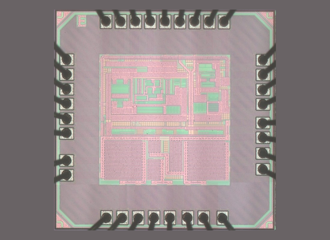Microscope photo of an event-driven buck converter chip