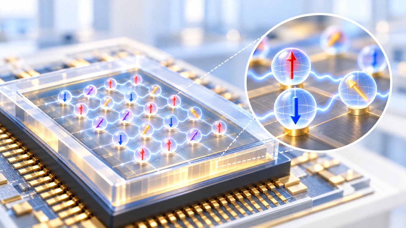 Conceptual microchip illustration with spin-like arrow spheres and inset detail Conceptual image of a microchip with a transparent grid of glowing spheres containing red, blue, yellow, and purple directional arrows, with a magnified inset detail.