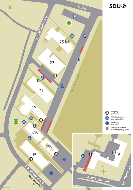 Grafisk kort over cykelparkering på J B Winsløws Vej