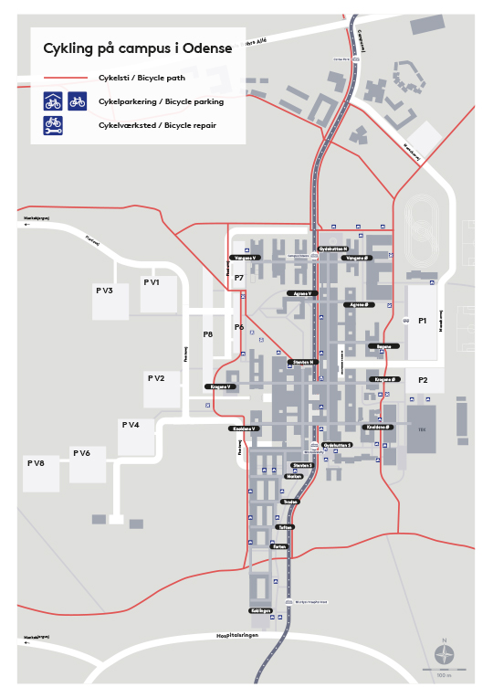 Kort over cykelruter og cykelparkeringer på campus i Odense