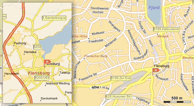 Kort - SDUs placering i Flensburg