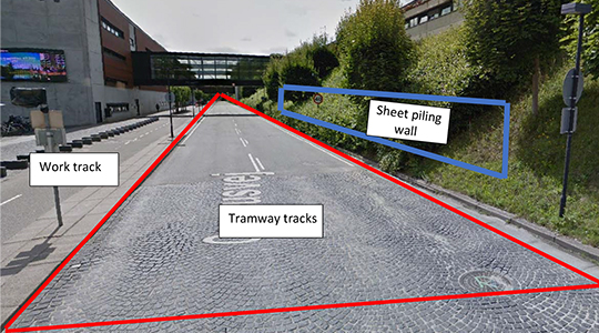 The image shows which areas of Campusvej will be affected by the tramway construction work.