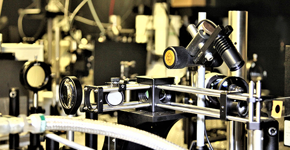Setup of lenses and equipment in nano optics lab.