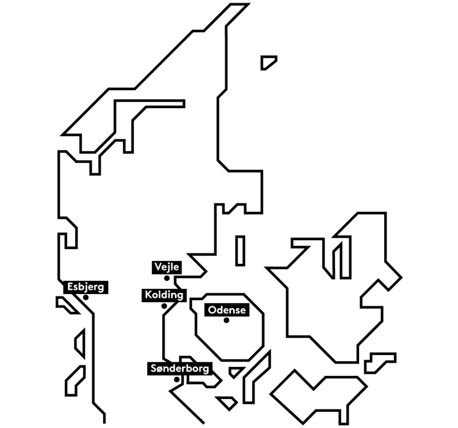 Map of Denmark with the locations of SDU's campuses in Esbjerg, Kolding, Sønderborg, Odense, and Vejle