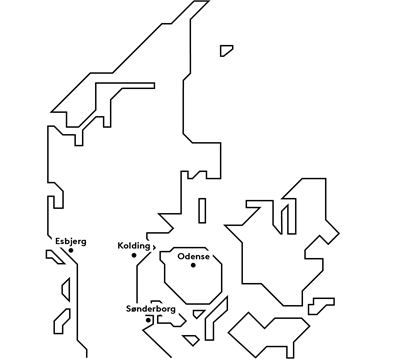 Map over Denmark with the locations of SDU's campuses marked in Esbjerg, Kolding, Sønderborg, and Odense