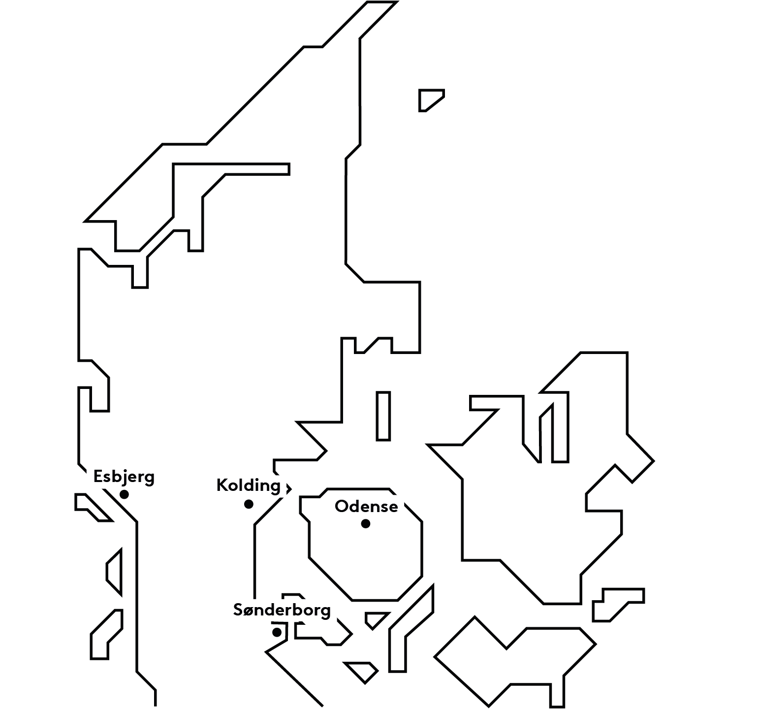 Map over Denmark with the locations of SDU's campuses marked in Esbjerg, Kolding, Sønderborg, and Odense