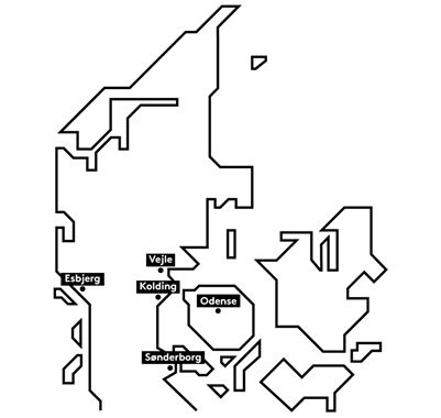 Map of Denmark with the locations of SDU's campuses in Esbjerg, Kolding, Sønderborg, Odense, and Vejle