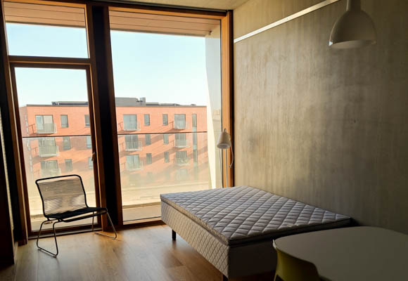 In the background is the entrance of the apartment with storage, sink and fridge. On the left wall are shelves and a desk. Along the right wall is the dining nook and a sofa bed.