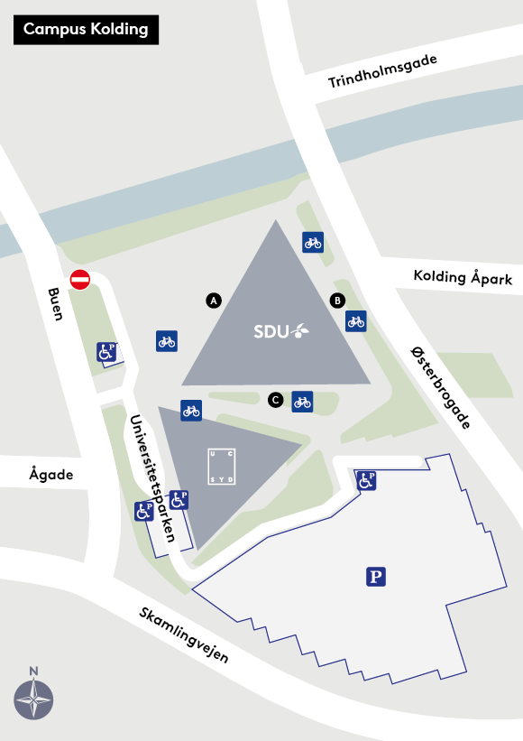 Kort over parkering og cykelparkering på campus Kolding