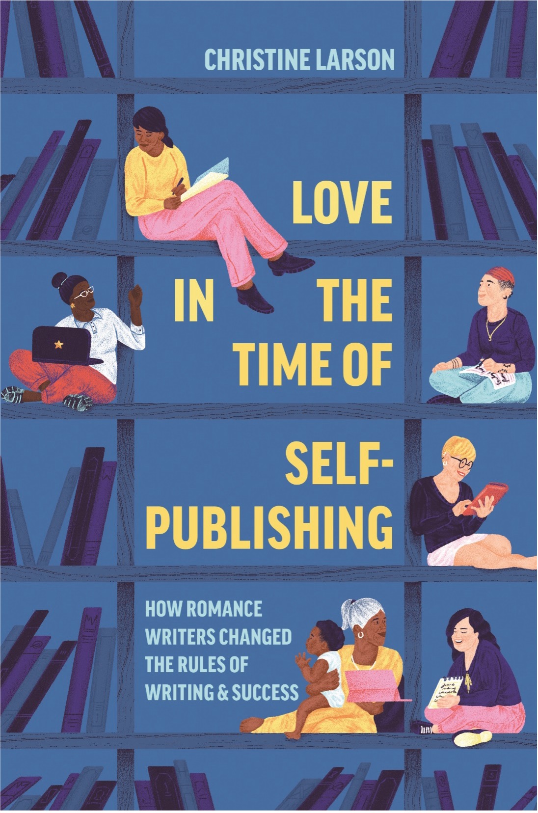 Blue book cover of 'Love in the Time of Self-Publishing' featuring pictures of cartoon figures reading