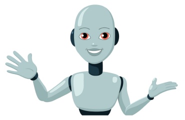 Tegnet humanoid robot med gråblå krop, der vinker og holder den anden hånd frem.