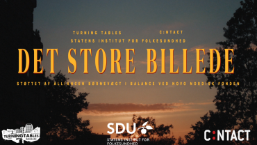 Banner med solnedgangsbillede, teksten “DET STORE BILLEDE” og logoer for TURNINGTABLES, SDU og C:NTACT.