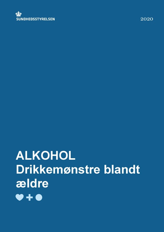 Blå rapportforside med teksten “SUNDHEDSSTYRELSEN”, “2020” og “ALKOHOL Drikkemønstre blandt ældre”.