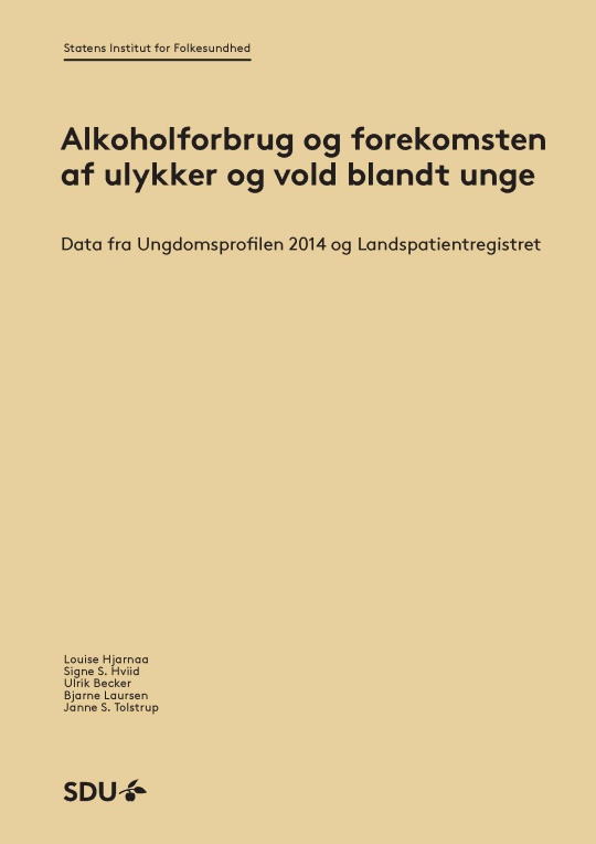 Forside fra Statens Institut for Folkesundhed med titlen "Alkoholforbrug og forekomsten af ulykker og vold blandt unge" og undertitlen "Data fra Ungdomsprofilen 2014 og Landspatientregistret".