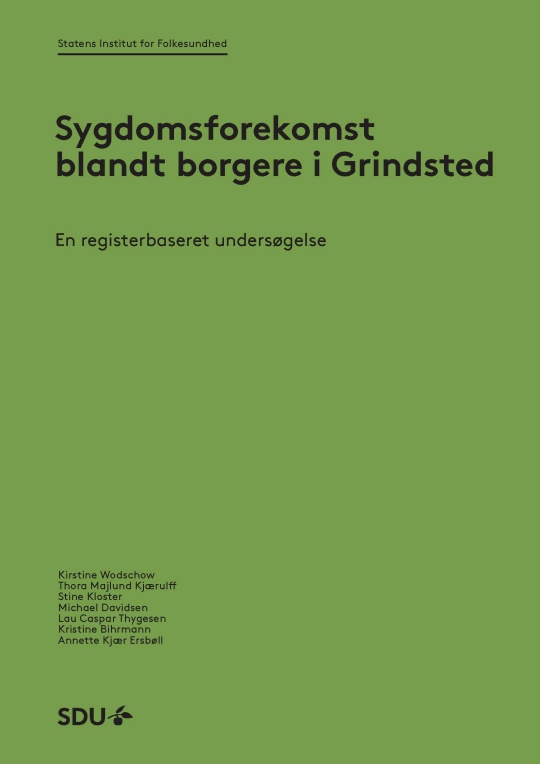 Grøn forside til en rapport fra Statens Institut for Folkesundhed med teksten “Sygdomsforekomst blandt borgere i Grindsted” og “En registerbaseret undersøgelse”.